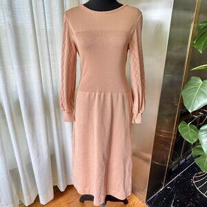 Vintage 70s dress, muted blush pink/beige, knit sweater dress, fitted rib bodice